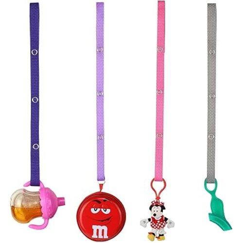 Baby Buddy Secure-A-Toy, Safety Strap Secures Toys, Teether, Pacifiers to Strollers, Highchairs, Car Seats, Adjustable Length Keep Toys Sanitary, Registry Must Haves, Purple-Lilac-Pink-Gray, 4 Count