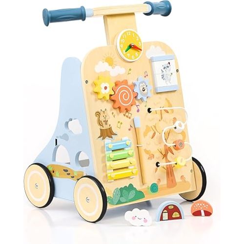 Wooden Baby Walker, Baby Push Walker for 12+ Months, Baby Walker with Activity Center, Push and Pull Walkers for Boys Girls