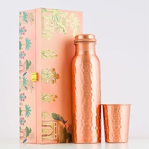 Copper Water Bottle With Glass Set (One) - Ayurvedic Handcrafted Design in Premium Wooden Box - Eco-friendly, BPA-free Heavy Duty leak proof & Lab-tested for daily use, sports & Gifting