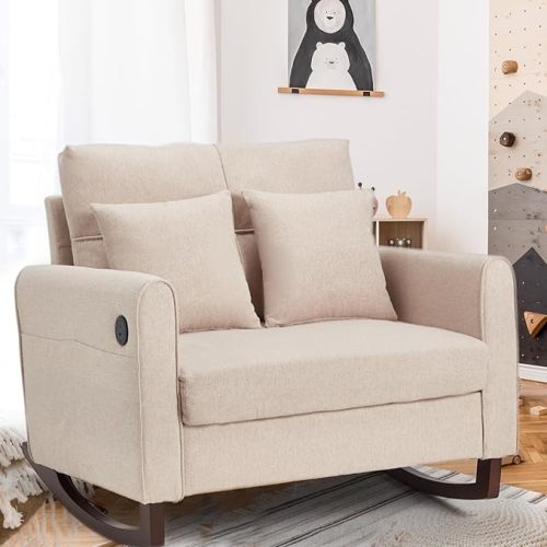 Upholstered Oversize Rocking Chair, Nursery Rocking Chair with High Back and Side Pocket USB Port, Double Wide Rocker Armchair with Rubber Wood Legs for Living Room, Bedroom, Nursery, Beige