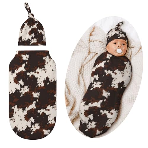 Valvphora Brown Cow Print Swaddle Blanket with Hat Receiving Blanket, Western Highland Cow Baby Items Stuff for Girls Boys