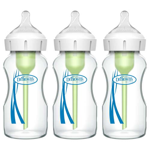 Dr. Brown's Natural Flow Anti-Colic Options+ Wide-Neck Glass Baby Bottles 9 oz/270 mL, with Level 1 Slow Flow Nipple, 3 Pack, 0m+ C24