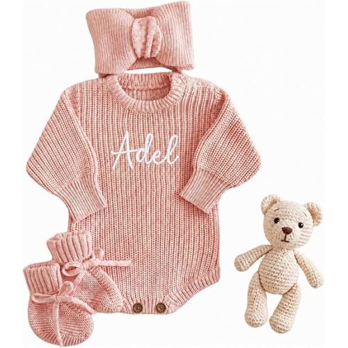 Personalized Embroidered Baby Boy Girl Clothes Outfits,Custom Name Baby Romper Set, Cotton Knit Long Sleeve Romper