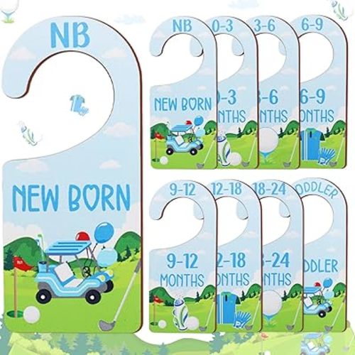 Baby Closet Dividers 8PCS, Golf Themed Wooden Double-Sided Clothes Size Hanger Organizer from Newborn to Toddler for Nursery Decor Baby Shower Birthday Gift Blue & Green