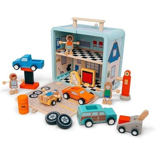 Jack Rabbit Auto Garage Playset - 16-Piece Wooden Carry Case - Ages 3+