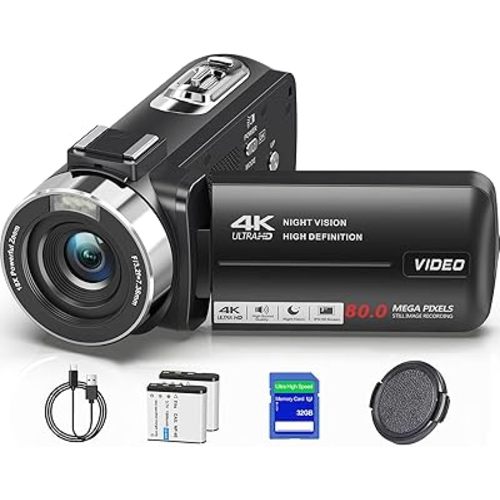 Video Camera Camcorder 4K Ultra HD 80MP Vlogging Camera for YouTube 18X Digital Zoom Camcorder Recorder 3.0" IPS 270° Screen IR Night Vision with 32GB SD Card, Lens Cover and 2 Batteries