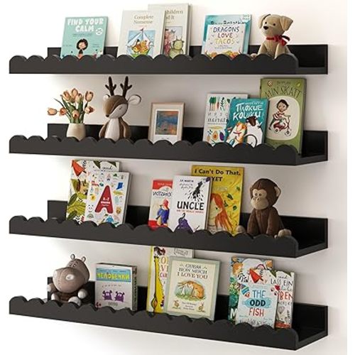 Shario Nursery Book Shelves, 4-Pack Wood Floating Shelves for Wall Kids, Scalloped Shelves, Wall Book Shelves for Bedroom Kids, Toddler Room, Baby Room, Nursery Decor (Black, 23 Inches)