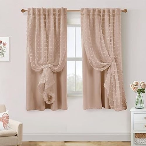 Lino Rosa Dusty Pink Curtains for Girls Bedroom Nursery,Pom Pom Blackout Double Layered Curtains 63 Inch Length