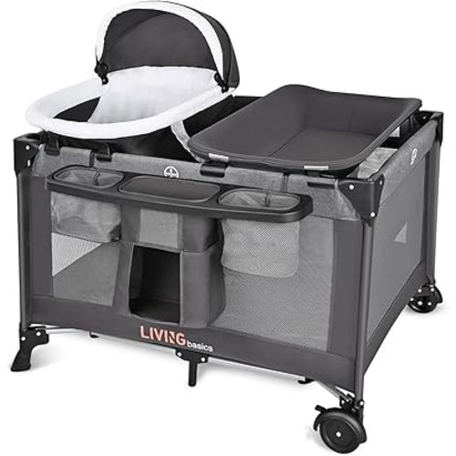 LIVINGbasics 4 in 1 Baby Playard, Foldable Baby Bassinet with Removable Cradle and Changing Table for Home/Travel/Outdoor
