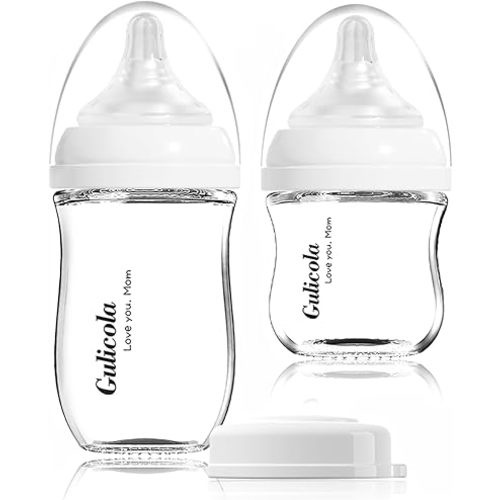 Gulicola Natural Glass Baby Bottle Newborn Set, 3 oz and 5 oz with Extra Slow Flow & Slow Flow Nipple, Anti Colic, 0-3 Months, 2 Pack - White