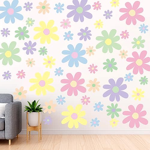 TaoBary 12 Sheet Daisy Wall Sticker Decal Removable Cute Daisy Bedroom Room Decor Flower Wall Sticker Pink White Flower Decal Wallpaper Peel and Stick for Nursery Home(Fresh Color,Attractive Style)
