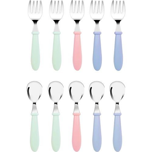 DF DUALFERV 10 pcs Toddler Utensils, Stainless Steel Toddler Silverware Set with Round Handle, Baby Forks for Self Feeding, 5 Forks and 5 Spoons