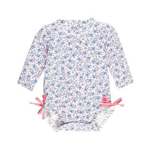 RuffleButts Baby Girls UPF 50+ Sun Protection Floral Printed Long Sleeve One Piece Rash Guard Swimsuit with Zipper