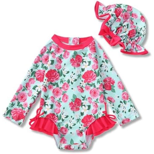 Infant Baby Girl Swimsuit Long Sleeve One-Piece Swimwear with Hat Rash Guard Floral Zipper Bathing Suit Beach Wear