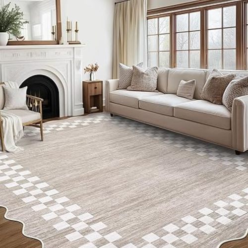 GarveeHome 8x10 Area Rug for Living Room Scalloped Washable Large Bedroom Rug Non Slip Stain Resistant Modern Border Dining Room Throw Carpet Scalloped Boho Rug for Home Decor Office Nursery, Fog