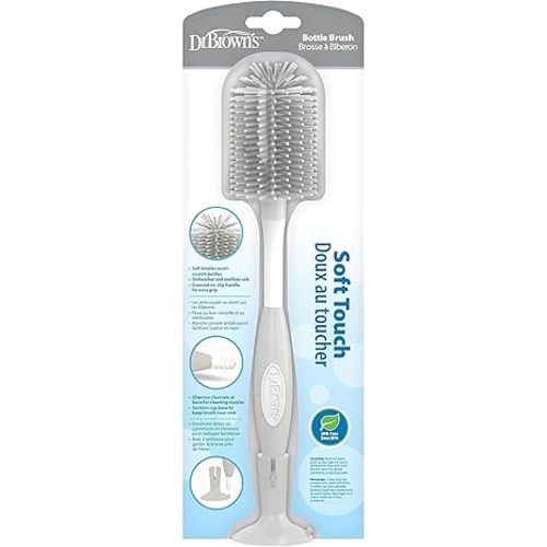 Dr. Brown's Soft Touch No Scratch Baby Bottle Cleaning Brush, Nipple Cleaner and Suction Cup Base for Easy Storage, BPA-Free, Gray