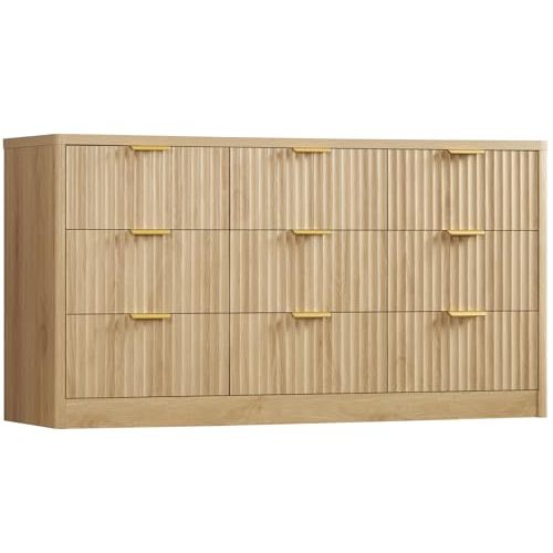 TEENFON Fluted Dresser for Bedroom with 9 Drawers, 63" Wide Modern Chest of Drawers with Metal Handle & Curved Profile Design, Wood Closet Clothes Storage Organizer for Living Room, Hallway, Natural
