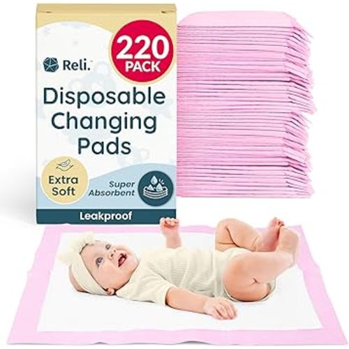 Reli. Disposable Changing Pads for Baby (220 Pack) | Disposable Diaper Changing Pads, 13" x 18" | Super Absorbent, Leak-Proof Liners | Waterproof, Quick Dry Underpads (Pink/White)