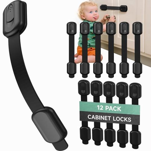 Infinno 12 Pack Cabinet Locks Baby Proofing Heavy Duty - Child Safety Cabinet Locks for Drawers, Cupboards & Fridge – No Drill 3M Adhesive Locks for Pets - Toddler Safety Latches-Black