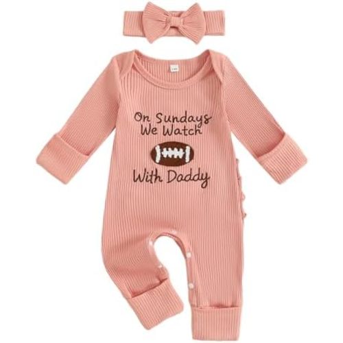 MERSARIPHY Infant Baby Boy Girl Football Outfit On Sundays We Watch Football With Daddy Football Season Romper Jumpsuit + Hat
