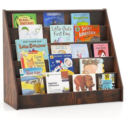 Kids Bookshelf, 5-Tier Wooden Toddler Bookcase, Children Book Rack & Magazine Display Shelf, Toy Storage Organizer, Book Shelf for Kids Rooms, Playroom, Nursery, Classroom (Rustic Brown)