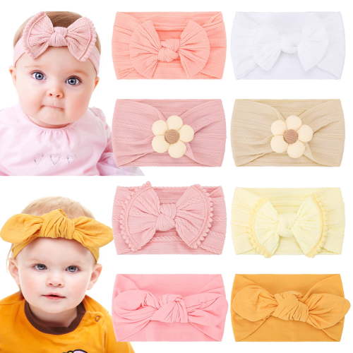 Bocaoying 8 Pack Baby Girls Headbands with Bows, Soft Elastic Baby Hair Bows for Newborn Infant Toddler, 4 Styles, Wide Band 5.5-7", Ideal for Newborn Photoshoot & Baby Shower Gift