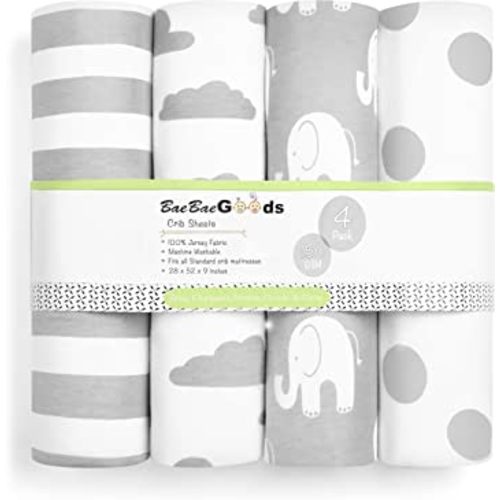 BaeBae Goods Premium Crib Sheets for Baby Boys and Girls, 3 Pack, Soft and Breathable Jersey Cotton Fitted Sheet Set, Grey and White, Cute Gender Neutral Nursery Mattress Bedding, Universal Fit