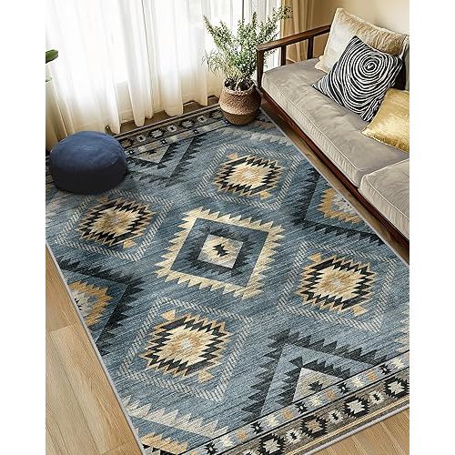 Area Rug 5x7 Rug Machine Washable Rug Non-Slip Low Pile Print Pattern Western Rug for Living Room Bedroom Entryway Tribal Series -Navy/Grey