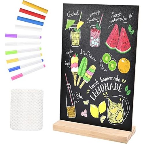 1 Pack 8.1x12 in Chalkboard Signs with Stand for Tables Small Chalk Board Signs Tabletop Message Board Sign with Wood Base for Home Decorations Coffee Shop Restaurant Kitchen Wedding Party