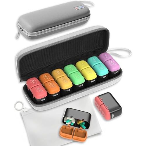 Weekly Pill Organizer 2 Times a Day, 7 Day Travel Medicine Pill Organizer with Moisture-Proof Silicone Lid, AM PM Daily Pill Box for Vitamins & Supplements, Aesthetics Pill Case(Rainbow)