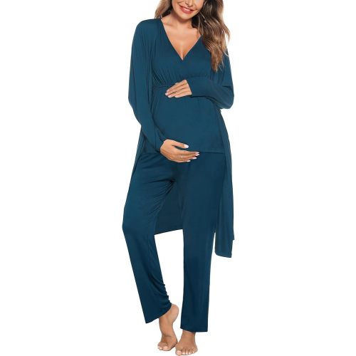 SWOMOG Maternity Nursing Robe Set 3 Piece Postpartum Breastfeeding Pajamas 3 in 1 Hospital Labor Delivery Pregnancy Pjs