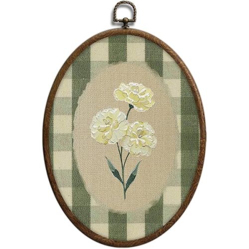 QKX Flower Oval Wall Art, Green Gingham Oval Cottage wall Decor, Retro Botanical Grandma Cottage Core Home Decor for Western Farmhouse Bedroom Living Room, Home Retro Decor Products, 7x10 Inches, 15