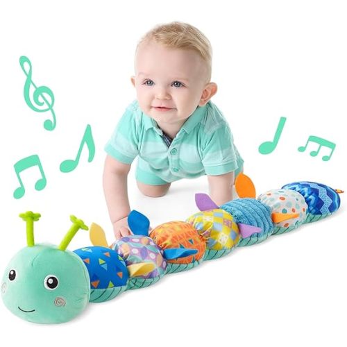 LIGHTDESIRE Baby Toys Musical Caterpillar,Infant Stuffed Animal Toy with Crinkle and Rattles,Soft Sensory Toys with Textures for Tummy Time Newborn Boys Girls 0 3 6 12 Months(Blue)