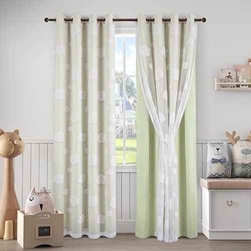 Light Green Double Layer Curtains for Bedroom Room Darkening Kids Curtains 84 inches Long White Cloud Pattern Sheer Window Treatment 2 Panels Grommet Nursery Curtains, W52 x L84
