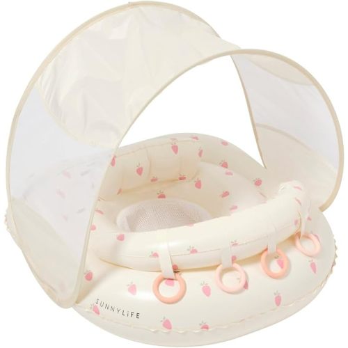 SUNNYLiFE Baby Float with Canopy — Infant Pool Float, Adjustable Fabric Seat, 4 Silicone Play Rings | 6-12 Months - Strawberry Sunshine Pink