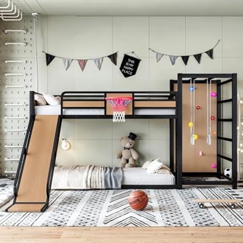 Metal Twin XL Size Loft/Bunk Bed with Slide, Basketball Hoop, Yellow