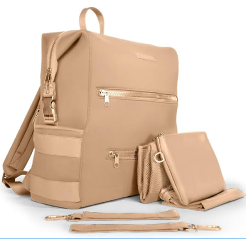 BUNSO Neoprene Diaper Bag, Minimalist Backpack Diaper Bag with Pouch, Changing Pad, and Stroller Straps, Water Resistant and Lightweight Baby Diaper Bag Backpack, Womens and Mens Diaper Bag, Khaki