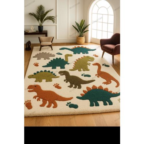 Hand-Tufted Dinosaur Rug: Colorful Wool Nursery, Playroom Carpet