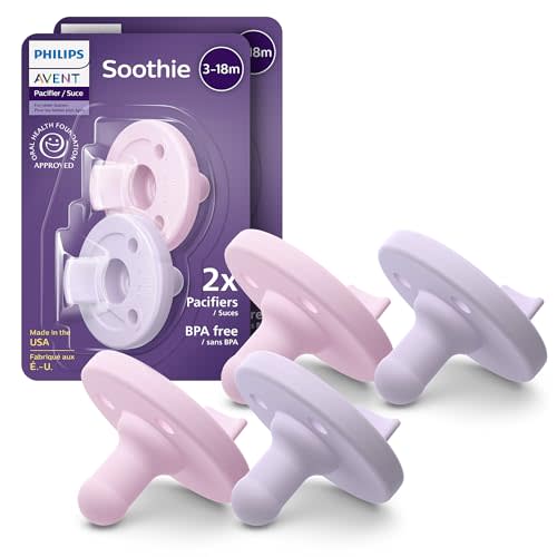 Philips Avent Soothie Baby Pacifiers - 100% Silicone Pacifiers for Babies 3-18 Months, One-Piece Design, BPA-Free, Extra Durable, Lilac and Pink, 4 Pack, Model SCF192/70