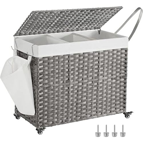 SONGMICS Laundry Hamper with Lid, 42.3 Gallons (160 L), Rolling Laundry Basket with Wheels, 3-Section Synthetic Rattan, Removable Liner, Bedroom, 29.9 x 13 x 26 Inches, Gray ULCB365G01