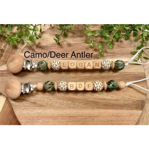Paci Clip, Wooden, Name, Gender Neutral, Binky, Dummy Clip, Baby Shower Gift, Baby Gifts, Handmade, Pacifier Clip, Personalized, Camo, Deer