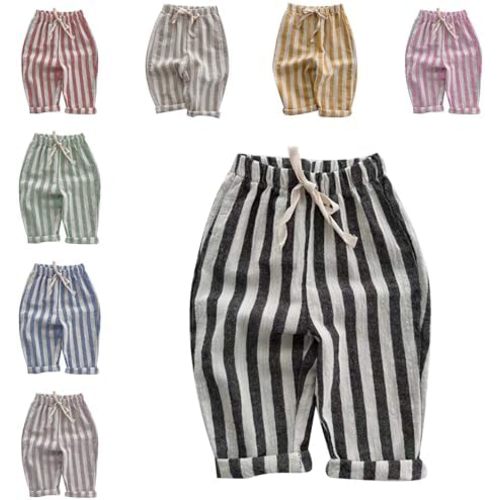 Boys' Cotton Linen Harem Bloomers Pants Elastic Waist Jogger Pants Kids Casual Striped Trousers Infant Long Sweatpants