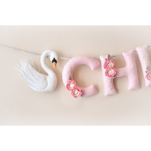 Baby name sign, Swan nursery decor, felt name banner, baby shower gift, baby girl gift, romantic nursery