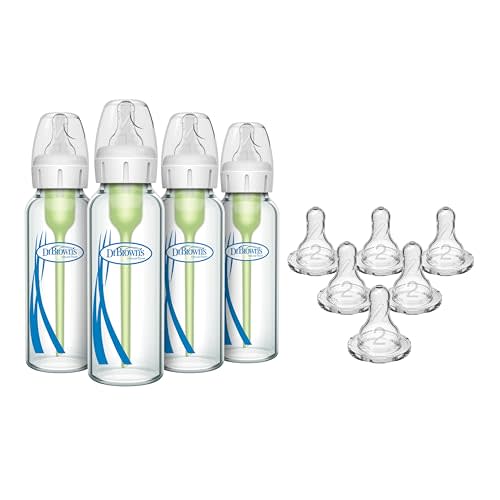 Dr. Brown's Anti-Colic Narrow Glass Baby Bottles 8 oz 4-Pack with Level 1 Nipples + Level 2 Medium Flow Narrow Silicone Nipples 6-Pack Bundle, BPA Free, 0m+ and 3m+