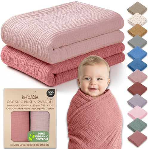 100% Organic Cotton Muslin Baby Blanket - 47 x 47 Inch Breathable Muslin Baby Girl Blanket, Hypoallergenic Double-Layer, Soft and Cozy Newborn Baby Blanket for Everyday Use (Rose/Peach)
