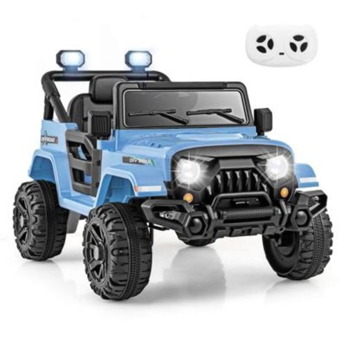 Costway 12V Kids Ride on Truck Car w/Remote Control, Threaded Wheels 3 Speeds LED Lights Blue