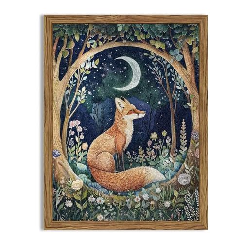 Framed 3D Textured Vintage Wall Art - Cottagecore Hand Drawn Sandstone Fox Paintings Wall Decor, Whimsical Forest Animal Floral Botanical Aesthetic for Bedroom Living Room Nursery 16x24 inch