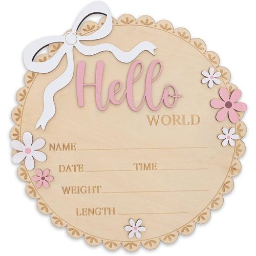 Hello World Wooden Baby Birth Announcement Sign, Pink Floral Newborn Name Date Time Weight Length Board, Baby Girl Nursery Decor Photo Prop Keepsake (Light Pink)