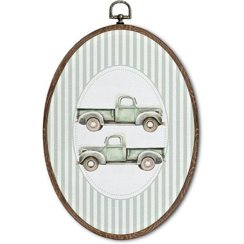 FLAWAFLOMA Vintage Truck Nursery Oval Wall Art Decor, Kids Room Canvas Wall Art Framed, Retro Truck Hanging Decorations for Kids Toddler Boy Girl Nursery Room Bedroom Decor, 8.6x11.4 Inch