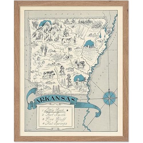 Poster Master Vintage Poster - Retro Arkansas Print - Arkansas State Art - Gift for Teacher, Student, Travel Lover - Wall Decoration for Classroom, Office, Dorm, 11x14 Beige Framed